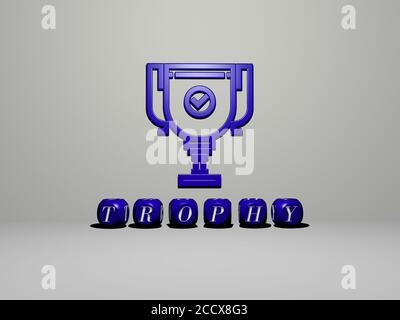 trophy 3D icona sulla parete e testo di alfabeti cubici sul pavimento, illustrazione 3D Foto Stock