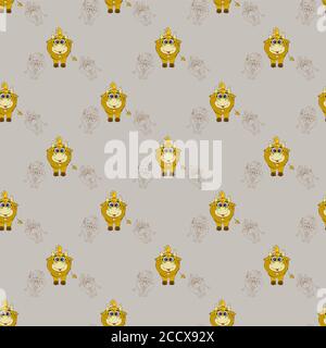 Modello senza cuciture con un simpatico animale cornuto - una mucca gialla con un taglio di capelli e una campana sul collo su uno sfondo chiaro. E disegni di contorno di un toro Illustrazione Vettoriale