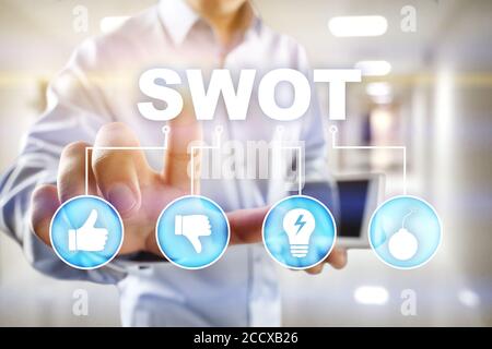 Concetto di analisi SWOT - uno studio condotto da un'organizzazione per identificare i suoi punti di forza, i punti deboli, nonché le sue opportunità e minacce esterne. Foto Stock