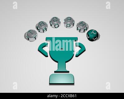 testo circolare del trofeo di lettere separate intorno all'icona 3D, illustrazione 3D Foto Stock