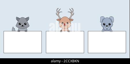 Set di modelli di banner con carini cani e cervi cartoni animati lineari. Elemento vettoriale per la vostra creatività Illustrazione Vettoriale