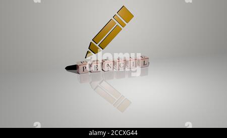 Testo a matita di lettere cubiche sul pavimento e icona 3D sulla parete, illustrazione 3D Foto Stock