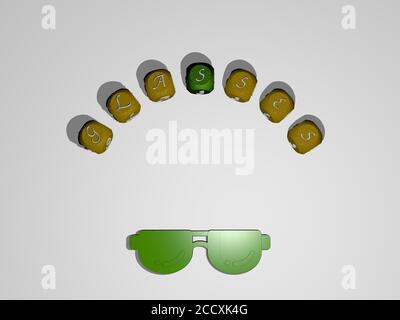 Icona degli occhiali circondata dal testo di singole lettere, illustrazione 3D Foto Stock
