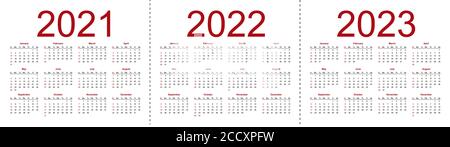 Set di calendari minimalisti, anni 2021 2022 2023, settimane di inizio Domenica. Illustrazione vettoriale isolata su sfondo bianco. Illustrazione Vettoriale