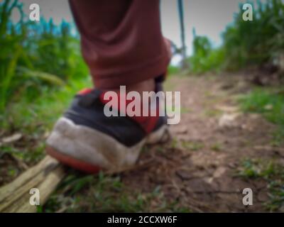 Running scarpe sportive in piedi stretto su terreni agricoli asciutti (sfocato) Foto Stock