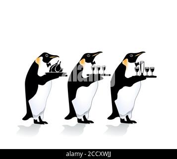I camerieri dei pinguini servono bevande e cena Illustrazione Vettoriale