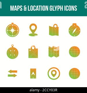 Insieme di icone di Glyph per Mappe e posizione uniche Illustrazione Vettoriale