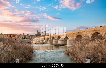 Tramonto, Puente Romano, ponte romano su Rio Guadalquivir, dietro Mezquita, Catedral de Cordoba, Cordoba, Andalusia, Spagna Foto Stock