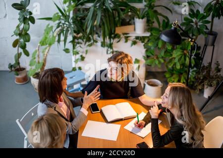 Il gruppo di revisori contabili femmina in contesti formali riuniti intorno al capo dipartimento tavolo e discutono le innovazioni nel strategico direttive contabili Foto Stock