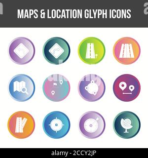 Insieme di icone di Glyph per Mappe e posizione uniche Illustrazione Vettoriale