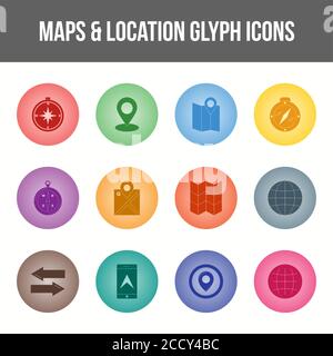 Insieme di icone di Glyph per Mappe e posizione uniche Illustrazione Vettoriale