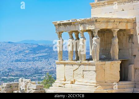 Portico delle cariatidi, Acropoli di Atene, Grecia Foto Stock