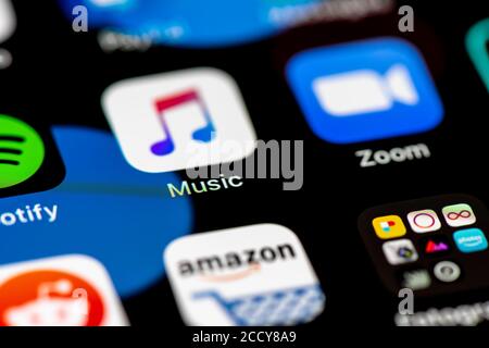 Apple Music, icone delle app su un telefono cellulare Display, iPhone, smartphone, primo piano, schermo intero Foto Stock