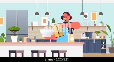 donna felice che prepara cucina di cibo a casa concetto cucina moderna illustrazione vettoriale orizzontale interna Illustrazione Vettoriale