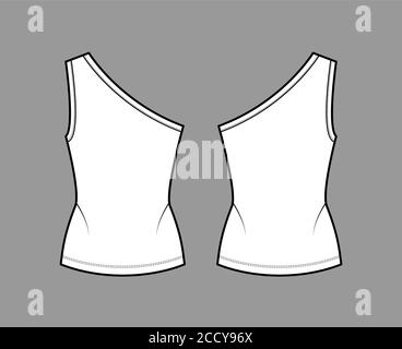 Canotta in Jersey stretch a una spalla illustrazione tecnica di moda con corpo montato, orlo allungato. Outwear piatto cami modello di abbigliamento anteriore, posteriore, colore bianco. Donna, uomo maglia unisex top mockup CAD Illustrazione Vettoriale