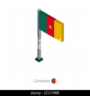 Camerun Bandiera sul flagpole in dimensione isometrica. Sfondo blu isometrico. Illustrazione vettoriale. Illustrazione Vettoriale