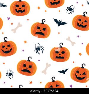 Modello di Halloween con diverse zucche, jack o lanterna spooky, ragni e pipistrelli Illustrazione Vettoriale