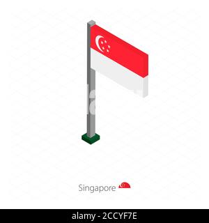 Bandiera di Singapore sul flagpole in dimensione isometrica. Sfondo blu isometrico. Illustrazione vettoriale. Illustrazione Vettoriale