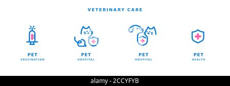 Etichette per la linea di assistenza sanitaria PET di colore blu con elementi per cane, gatto, scudo e siringa Illustrazione Vettoriale