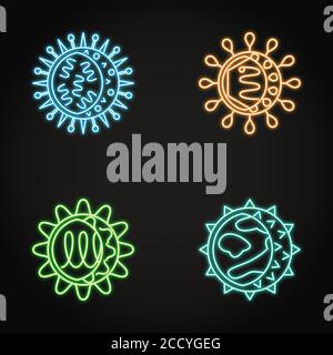 Collezione di icone di cellule neon virus in stile linea. Simboli dell'influenza e dell'epatite, del norovirus e dell'hantavirus. Illustrazione vettoriale. Illustrazione Vettoriale