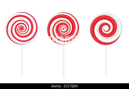 Lollipop rotonde a spirale rosso e bianco. Illustrazione vettoriale isolata su sfondo bianco Illustrazione Vettoriale