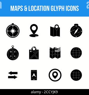 Insieme di icone di Glyph per Mappe e posizione uniche Illustrazione Vettoriale