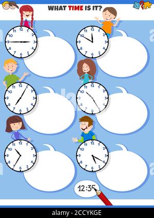 Illustrazioni cartoon di attività educativa di tempo di raccontare con Clock Faces E i caratteri figli Illustrazione Vettoriale