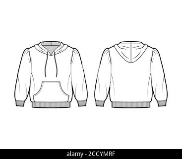 Felpa con cappuccio in Jersey di cotone con fit sciolto, spalle gonfie, maniche a gomito, tasca anteriore. Mascherina per ponticelli piatta, colore bianco sul retro anteriore. Donna uomo maglia unisex Illustrazione Vettoriale