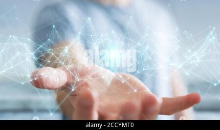 Uomo d'affari su sfondo sfocato utilizzando il rendering 3D flying network Connection Foto Stock