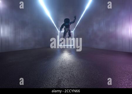 Illustrazione 3D di un astronauta in un interno di cemento scuro Alien di una navicella spaziale o di una stazione spaziale. Foto Stock