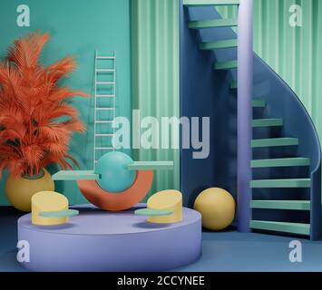 Mockup a 3D stadi che rendono forme geometriche astratte con scale a spirale, podi e aree espositore ideali per l'esposizione, il design o la simulazione di prodotti Foto Stock