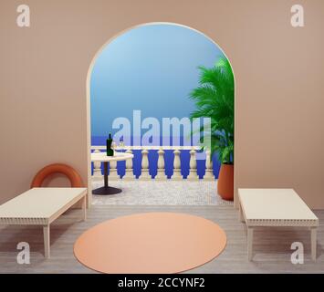 Mockup a 3D stadi rendering di forme geometriche astratte podium mostra aree con un balcone che si affaccia sullo sfondo del mare ideale per l'esposizione dei prodotti Foto Stock