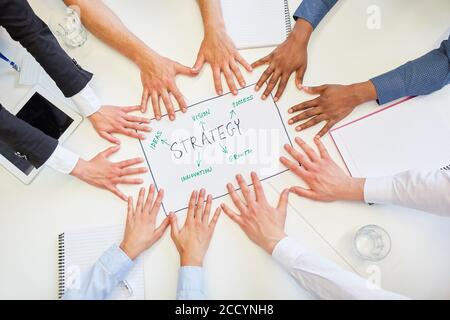 Molte mani della gente di affari tengono insieme il programma di strategia dentro riunione di affari Foto Stock