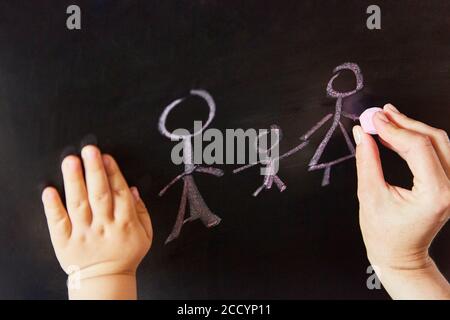 La mano di un bambino attira una famiglia sull'ardesia con gesso Foto Stock