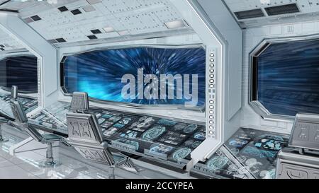 Bianco pulito interno navicella spaziale salto a velocità luce 3D rendering Elementi di questa immagine forniti dalla NASA Foto Stock