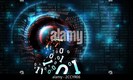 Hacking database astratto, firewall, computer internet server, account di social network, furto di dati. Flusso di dati, programmazione astratta codice binario ba Illustrazione Vettoriale