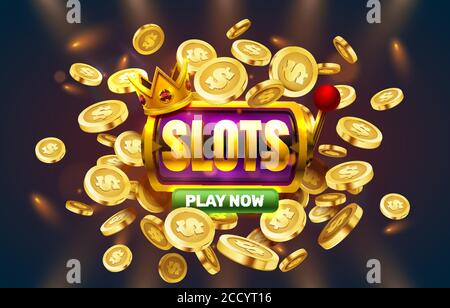 Gioca ora slot monete d'oro, slot machine casinò, jackpot notte Vegas. Illustrazione vettoriale Illustrazione Vettoriale
