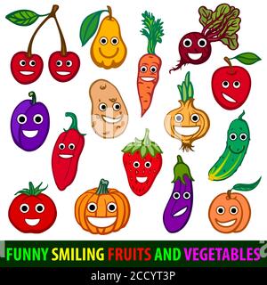 Frutta e verdura sorridenti divertenti. Impostare l'immagine vettoriale piatta Illustrazione Vettoriale