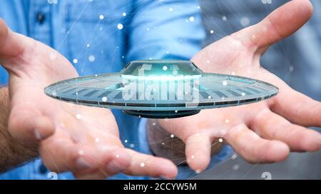 Uomo d'affari su sfondo sfocato con il rendering 3D della navicella spaziale UFO retro Foto Stock