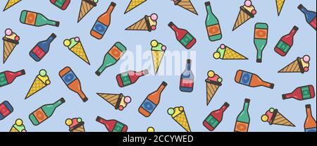 Sfondo con bottiglie di vino e coni gelato. Design per carta regalo, riempimenti modello, sfondo pagina web, biglietti d'auguri. EPS vettoriale 10 Illustrazione Vettoriale