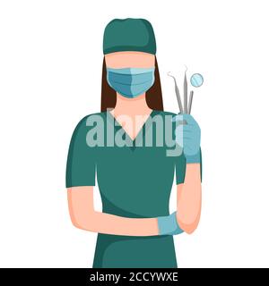 Dentista donna in maschera e guanti che tengono strumenti per l'esame denti illustrazione vettoriale. Illustrazione Vettoriale