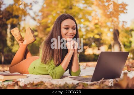 Foto di bella bella signora intelligente venire autunno foglie del parco coperta di posa di terra tra gli alberi che sorridono hanno fratello di conversazione remoto all'estero, un abbigliamento sorridente Foto Stock