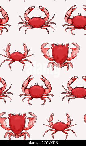 Motivo dei granchi, stampa di ripetizione rossa senza cuciture dei frutti di mare. Oceano marino animale Estate sfondo. Decorazione tropicale selvaggia subacquea. Granchi selvatici che avvolgono Illustrazione Vettoriale