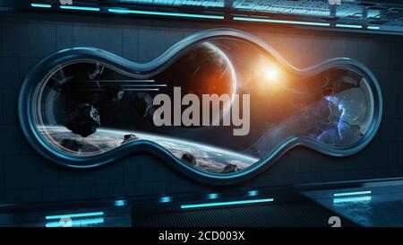 Interno della finestra rotonda della navicella spaziale Black TECH con vista in lontananza Sistema Planets elementi di rendering 3D di questa immagine forniti da NASA Foto Stock