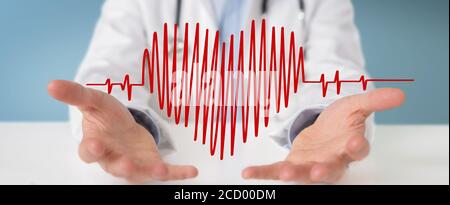 Dottore su sfondo sfocato con interfaccia digitale heartbeat rendering 3D Foto Stock