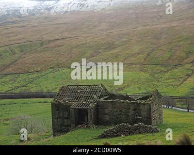 Rovinato vecchio fienile di pietra (casa di campagna) accanto alla ferrovia Settle Carlisle simbolo sopra valle del fiume in un deserto del Nord Yorkshire paesaggio in Inghilterra, Regno Unito Foto Stock