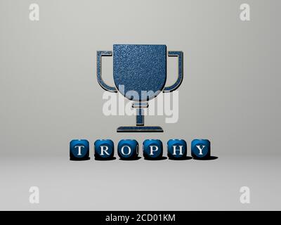 Rappresentazione in 3D del trofeo con icona sulla parete e testo disposto da lettere cubiche metalliche su un pavimento a specchio per il significato concettuale e presentazione slideshow, illustrazione in 3D Foto Stock