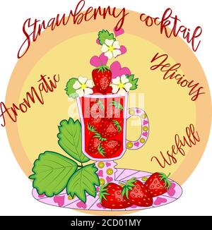 Cocktail di fragole. Cocktail cotti con amore. Un bicchiere con le fragole e decorate con foglie e fiori Illustrazione Vettoriale
