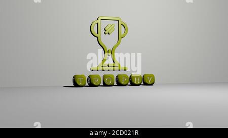 TROPHY 3D icona sulla parete e testo di alfabeti cubici sul pavimento, illustrazione 3D Foto Stock