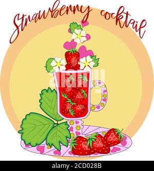 Cocktail di fragole. Cocktail cotti con amore. Un bicchiere con le fragole e decorate con foglie e fiori Illustrazione Vettoriale